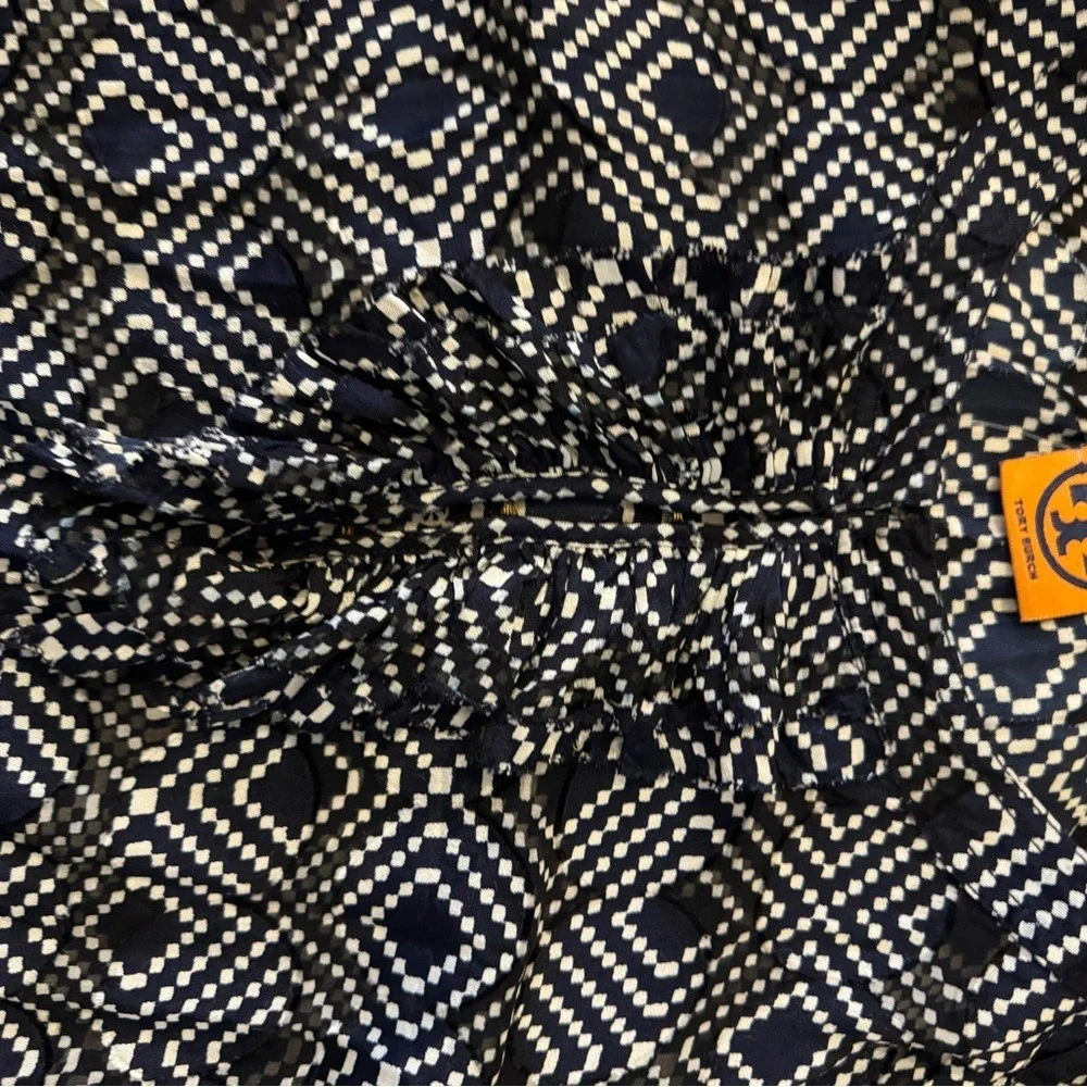 Tory Burch Navy Diamond Print Silk Ruffle Tunic Blouse Bell‎ Sleeve Size 4